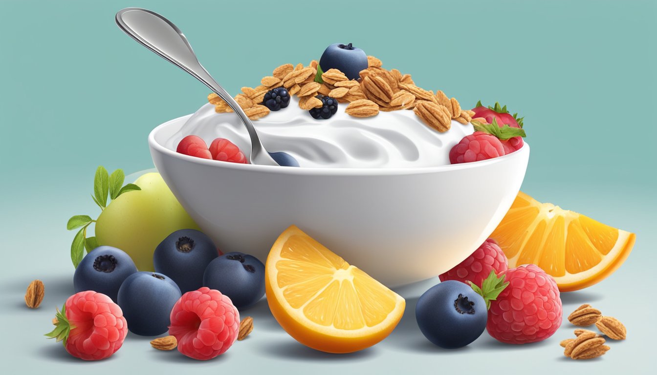 A bowl of yogurt surrounded by a variety of colorful fruits and granola, with a spoon resting on the side