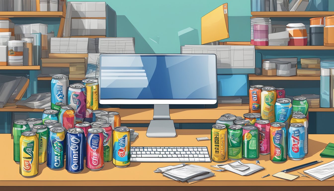 A cluttered desk with empty Celsius energy drink cans scattered around, a half-filled glass, and a warning label