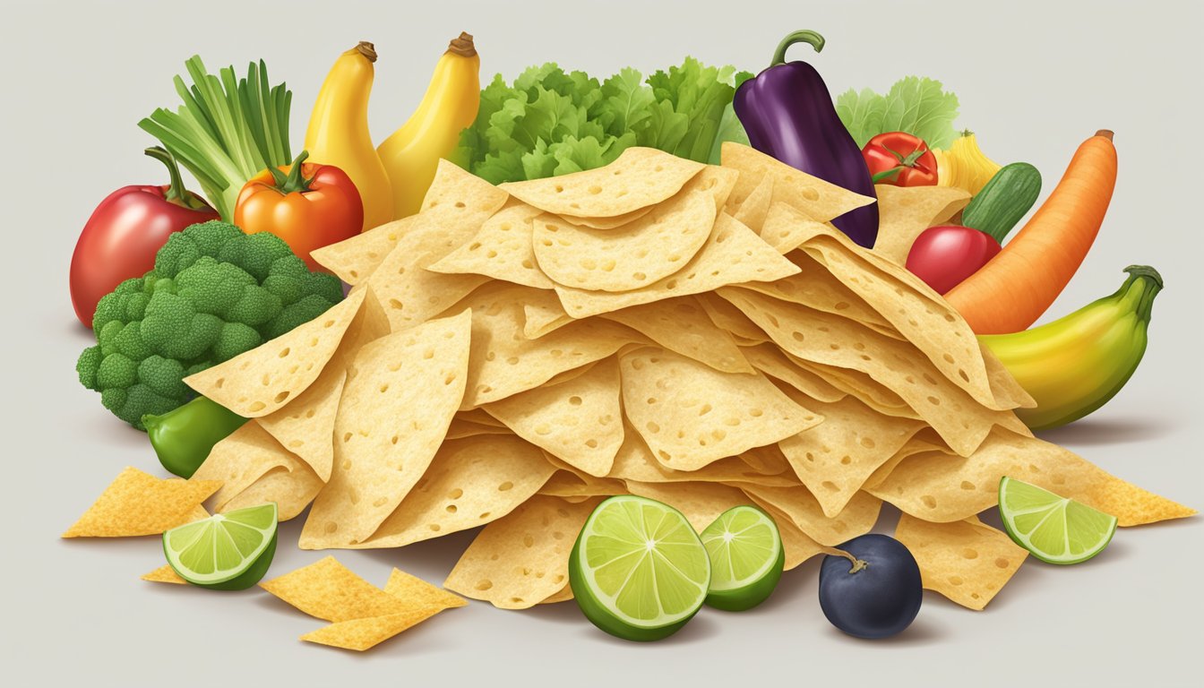 A pile of empty Siete tortilla chip bags surrounded by uneaten vegetables and fruits