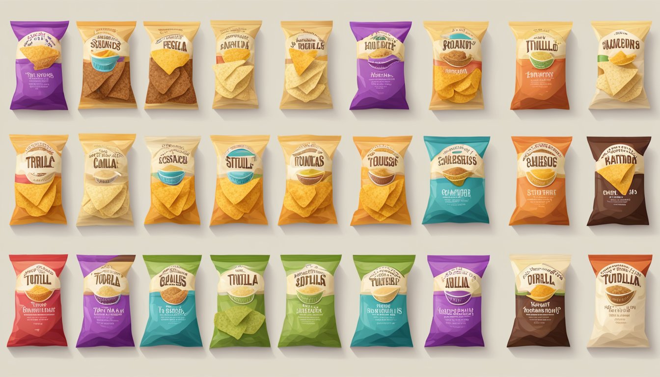 A variety of tortilla chips arranged in rows, each labeled with its flavor and serving size