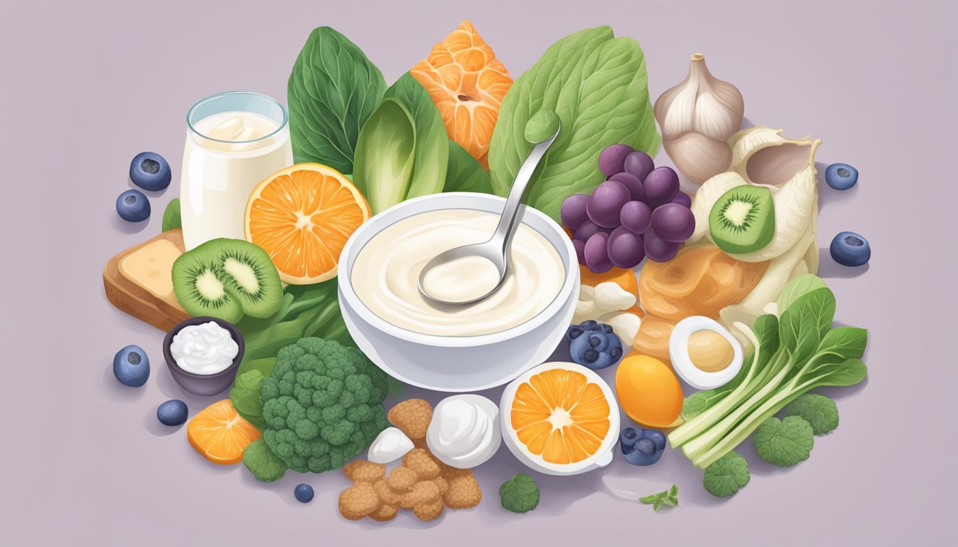 A spoonful of yogurt surrounded by probiotic-rich foods and a digestive system diagram