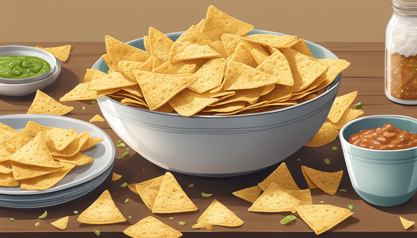 A bowl of siete tortilla chips overflowing on a table, surrounded by empty plates and a half-eaten dip