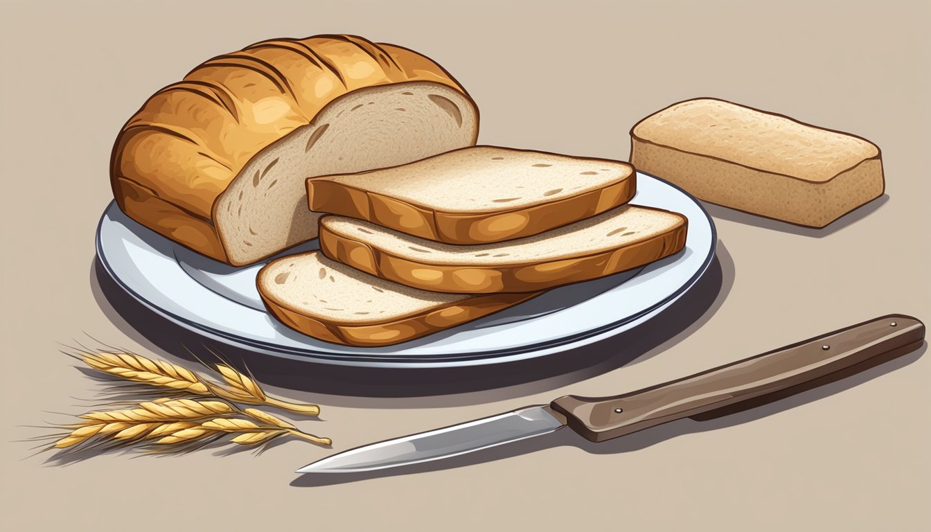 A table set with a loaf of bread, a knife, and a plate with slices of bread