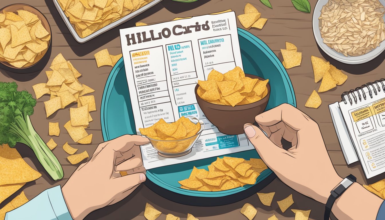 A bowl overflowing with Hilo Life low carb keto chips, surrounded by empty chip bags and a concerned person checking nutritional information