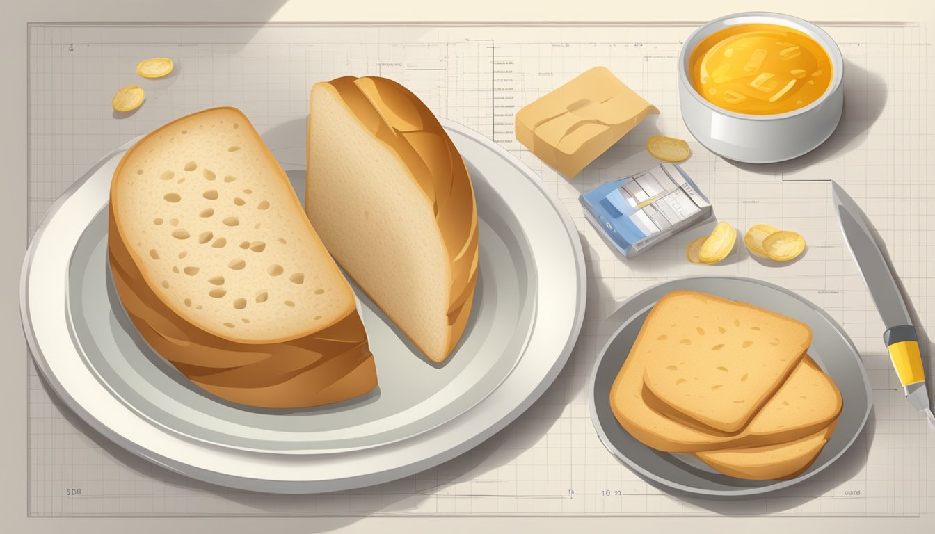 A table with a plate of bread slices, a measuring tape, and a dietary chart