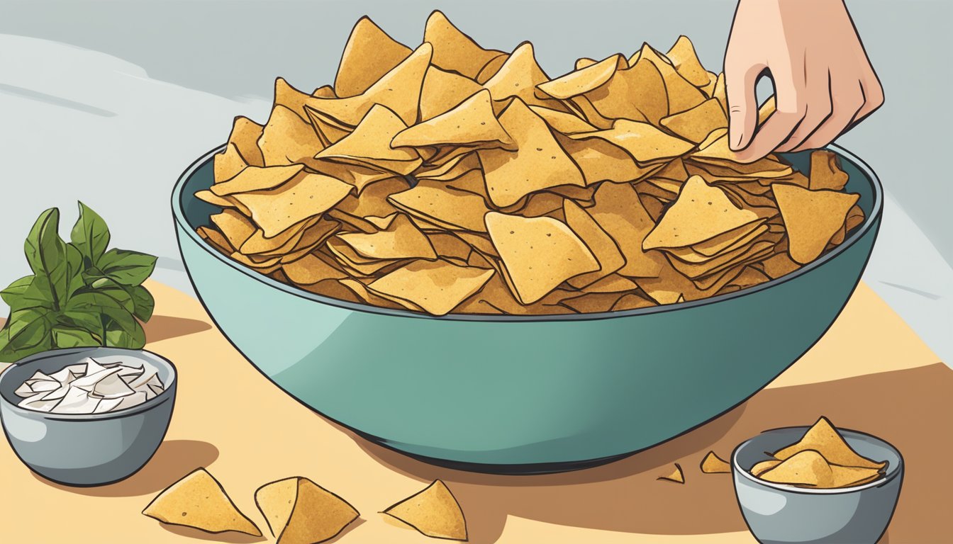 A pile of Hilo Life low carb keto chips spilling out of a large bowl, with a hand reaching for more