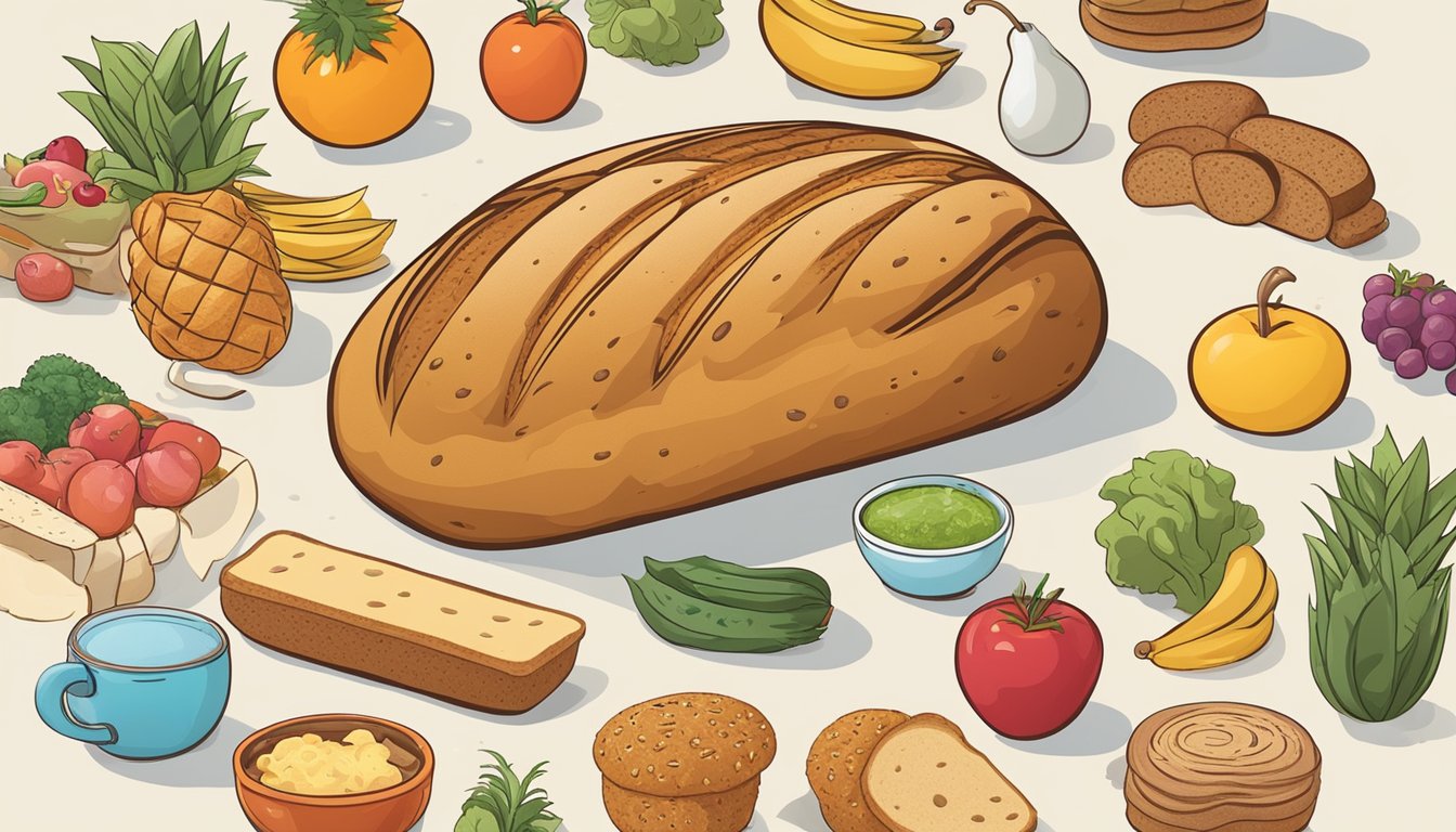 A loaf of bread surrounded by various healthy and unhealthy food items, with a question mark hovering above it