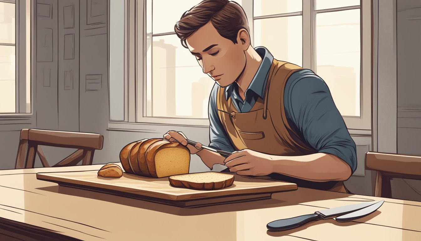 A person sitting at a table with a loaf of bread and a knife, slicing a piece to eat