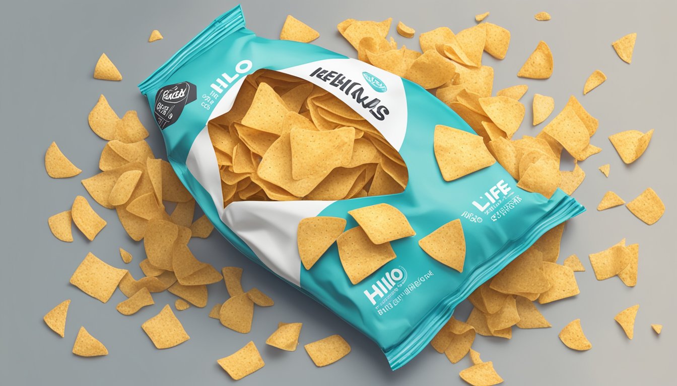 A pile of Hilo Life low carb keto chips spilling out of a large, overturned bag, surrounded by empty chip bags