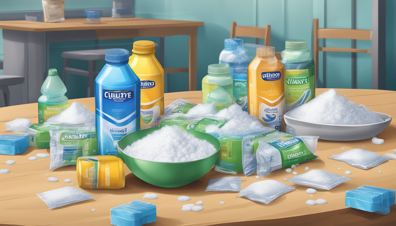 A table cluttered with empty vitalyte electrolyte packets and bottles, overflowing with spilled powder and liquid