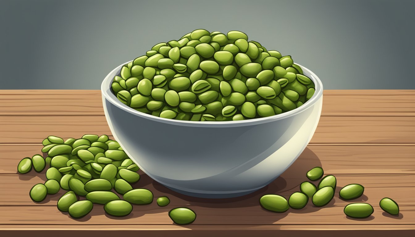 A bowl overflowing with dry roasted edamame beans, scattered on a wooden table