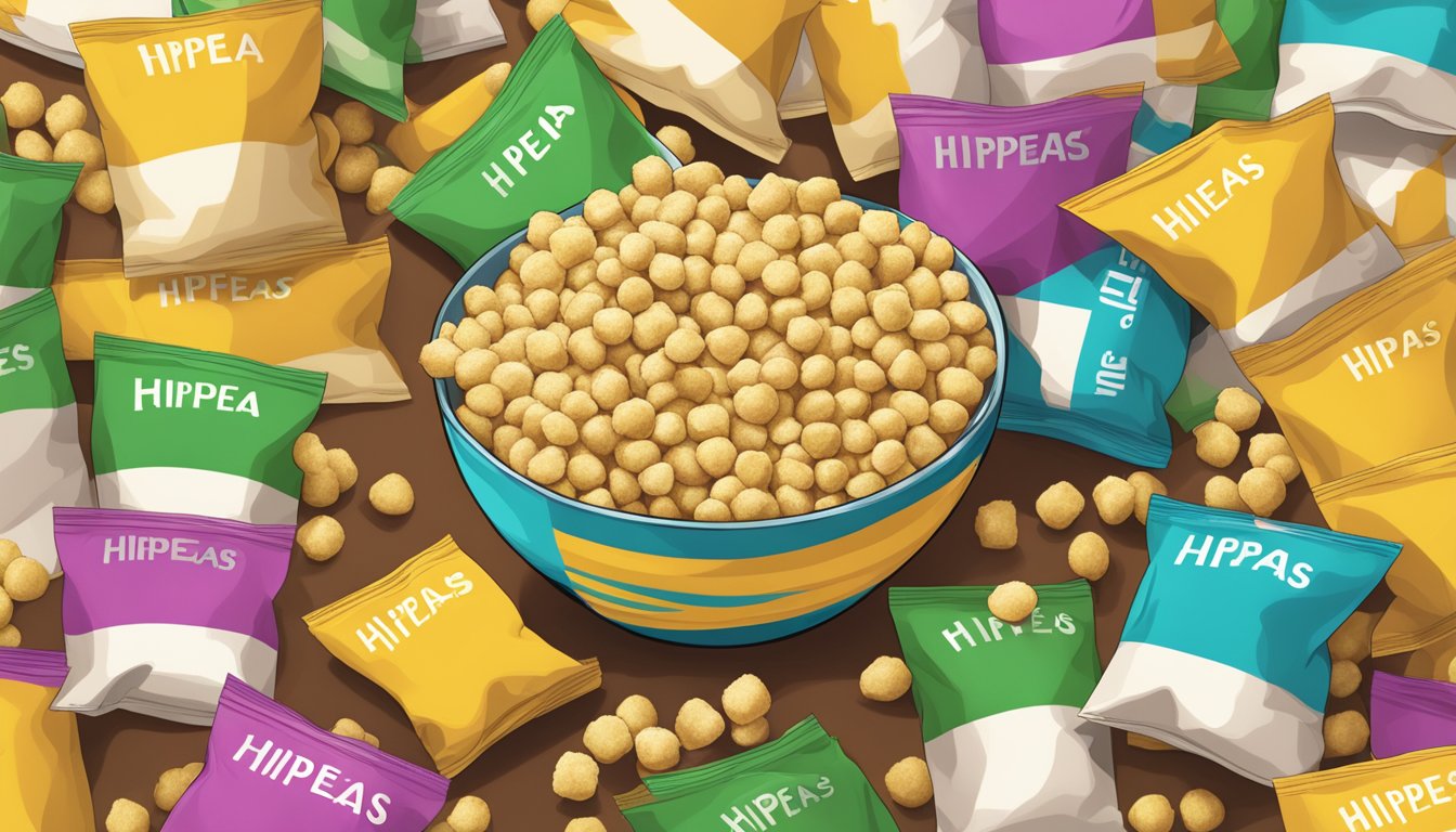 A bowl overflowing with Hippeas Chickpea Puffs, surrounded by empty bags