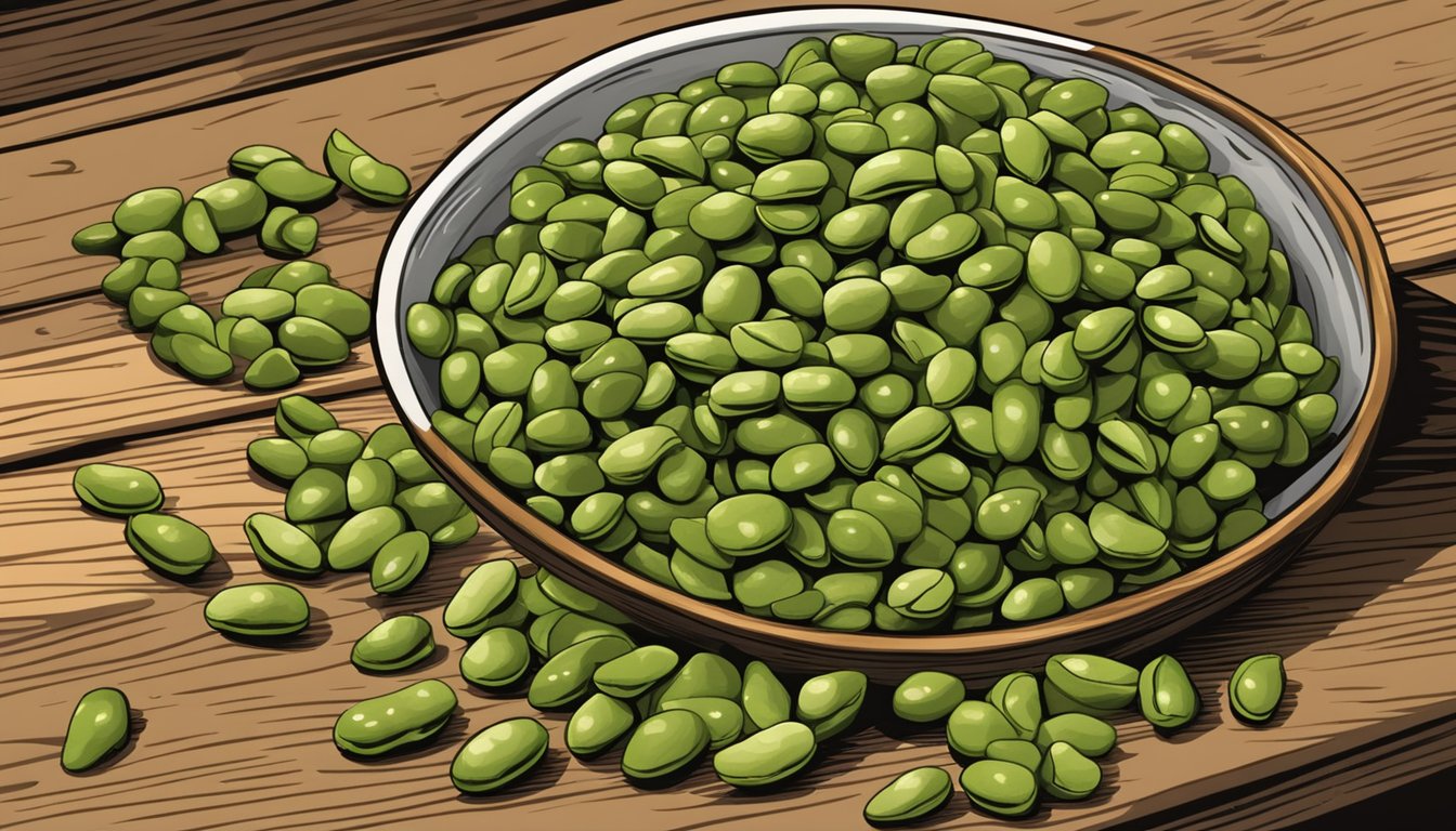 A pile of crunchy dry roasted edamame beans spilling out of a bowl, with a few beans scattered on a wooden table