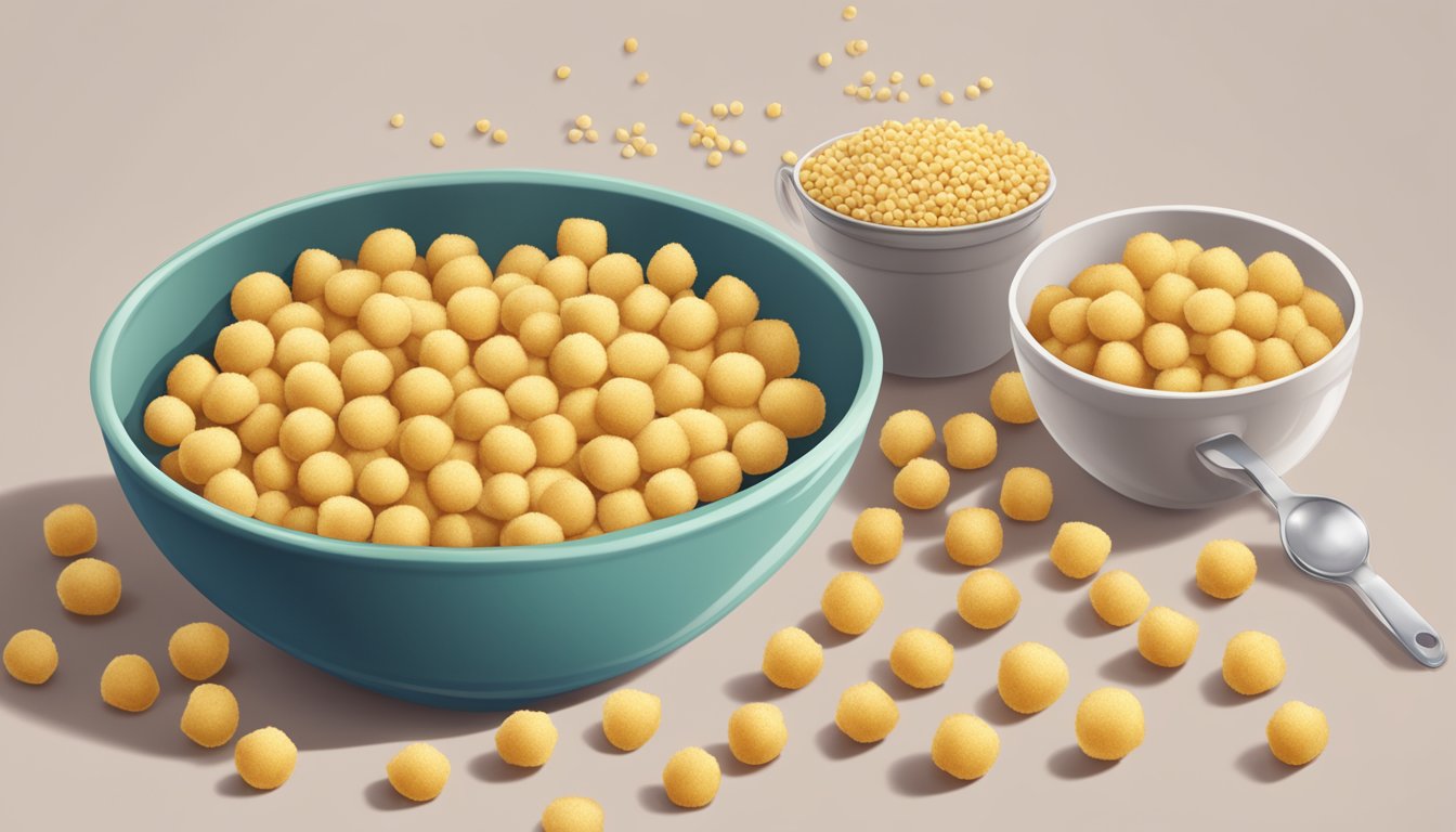 A bowl overflowing with hippeas chickpea puffs, with a measuring cup next to it