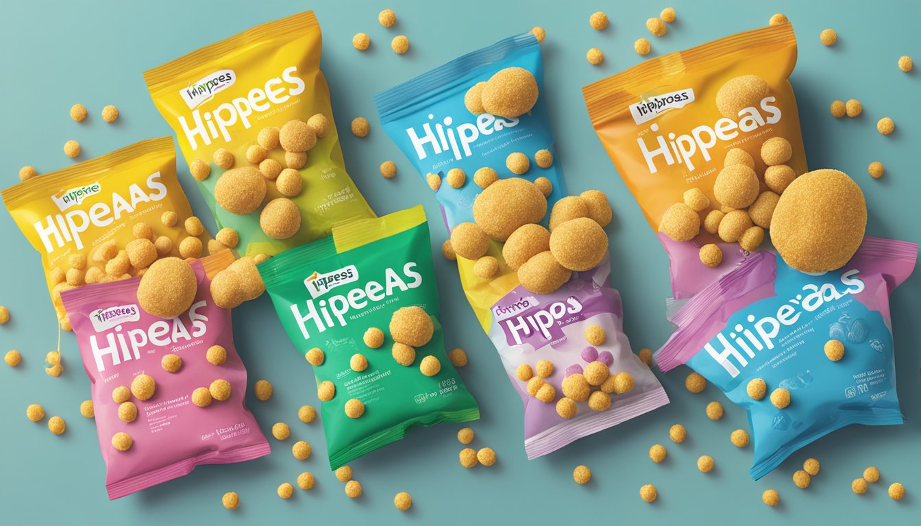 A colorful array of Hippeas chickpea puffs in various flavors, scattered across a table, with a few empty bags indicating enjoyment