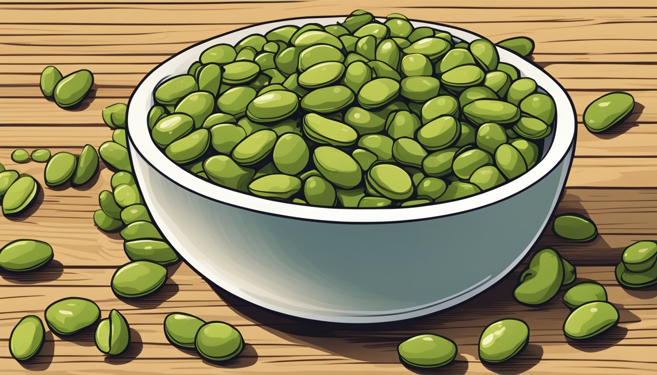 A bowl of crunchy dry roasted edamame beans overflowing from a small dish, surrounded by scattered beans on a wooden table