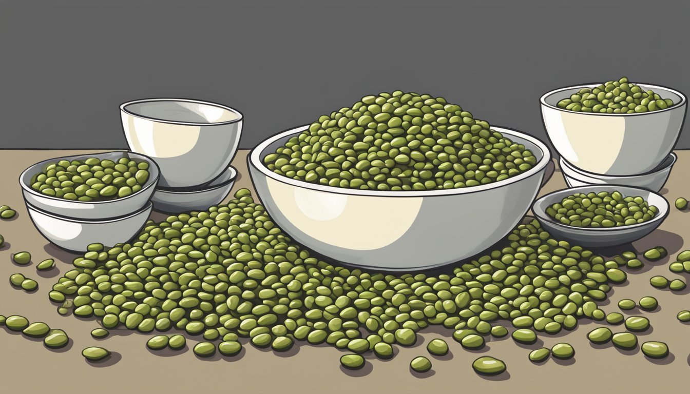 A bowl overflowing with crunchy dry roasted edamame beans, surrounded by empty bowls and a concerned expression