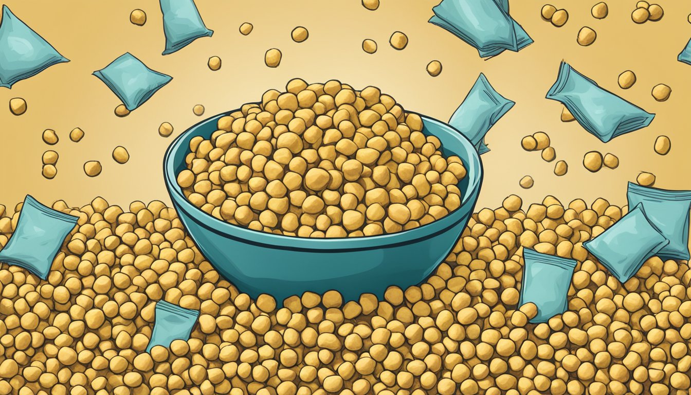 A bowl overflowing with hippeas chickpea puffs, surrounded by empty bags