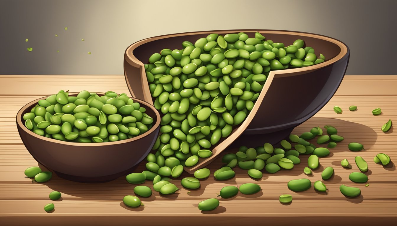 A bowl of dry roasted edamame spilling out onto a wooden table, with a few beans scattered around