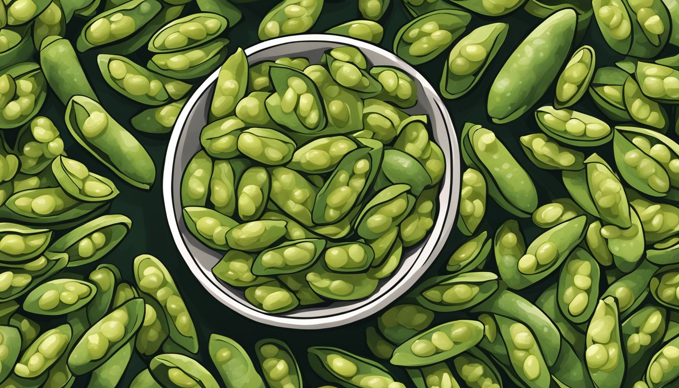 A bowl overflowing with crunchy dry roasted edamame beans, spilling onto the table