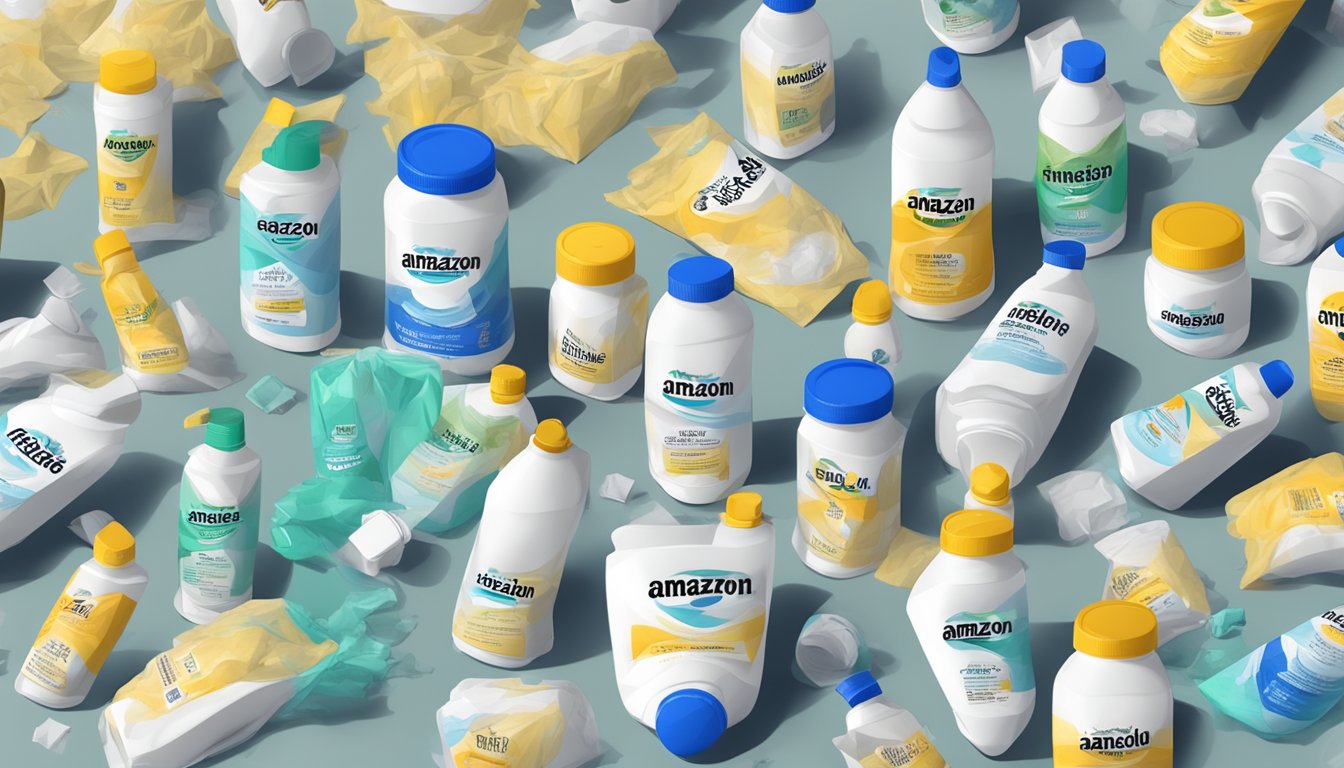 A table scattered with empty and half-empty Amazon Basic Care Electrolyte bottles, surrounded by crumpled packaging and spilled powder