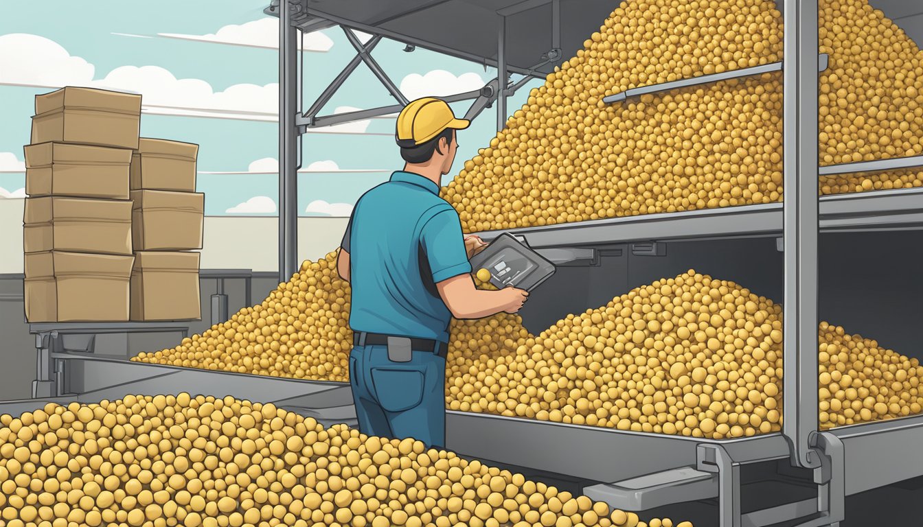 A conveyor belt filled with overflowing bags of Hippeas chickpea puffs, while a quality control inspector examines a pile of rejected, overfilled bags