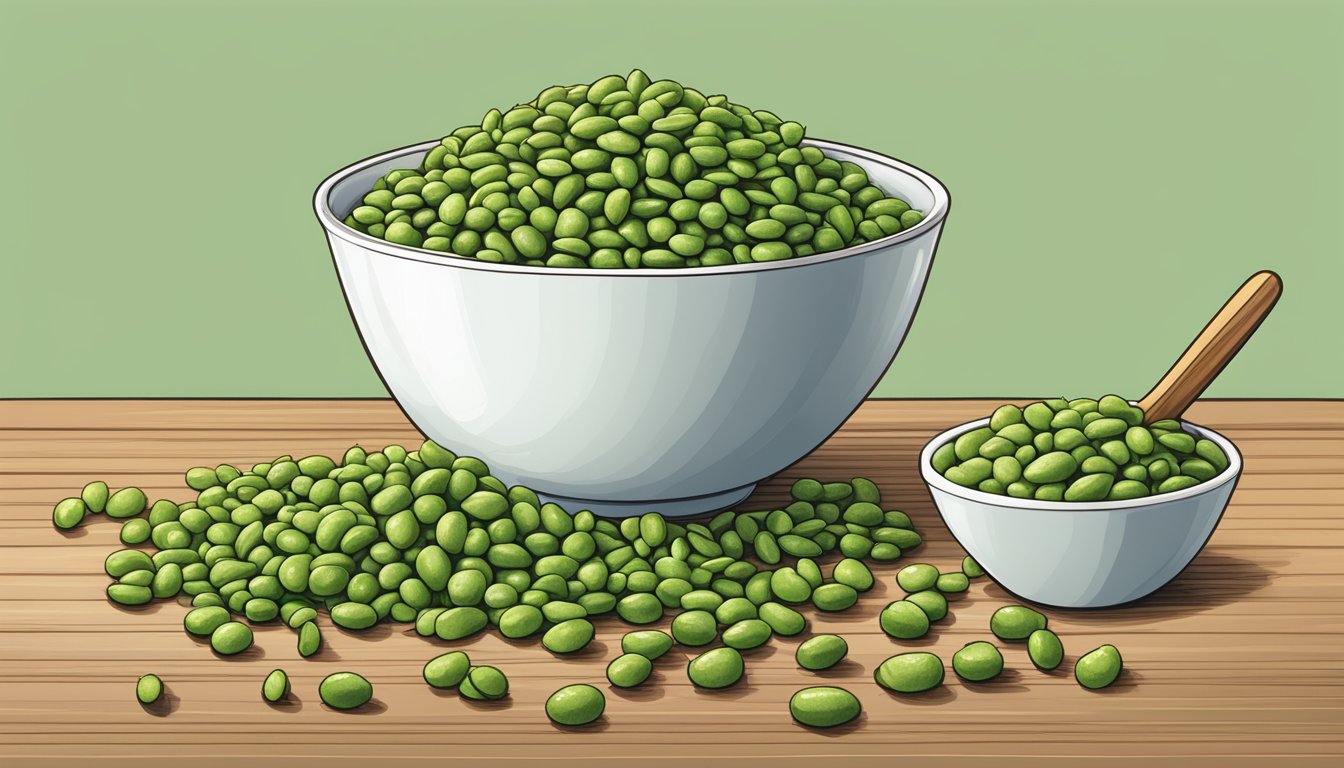 A bowl of crunchy dry roasted edamame beans overflowing, with a measuring cup next to it