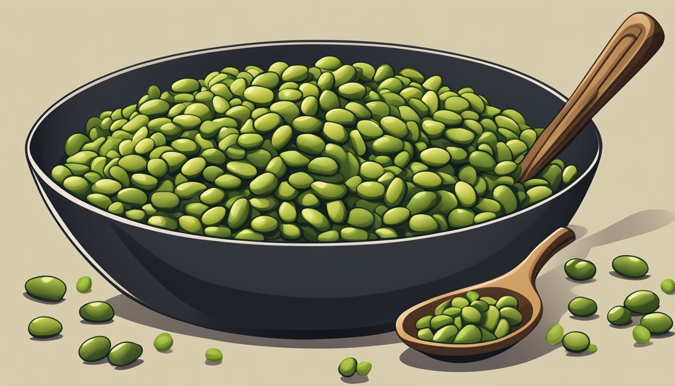 A bowl overflowing with dry roasted edamame beans, surrounded by scattered beans and an empty serving scoop