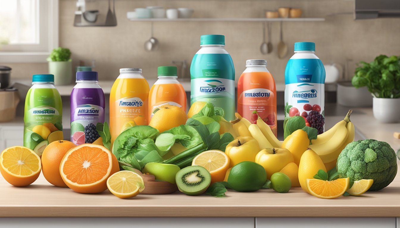 A variety of fruits, vegetables, and sports drinks with Amazon Basic Care Electrolytes scattered on a kitchen counter