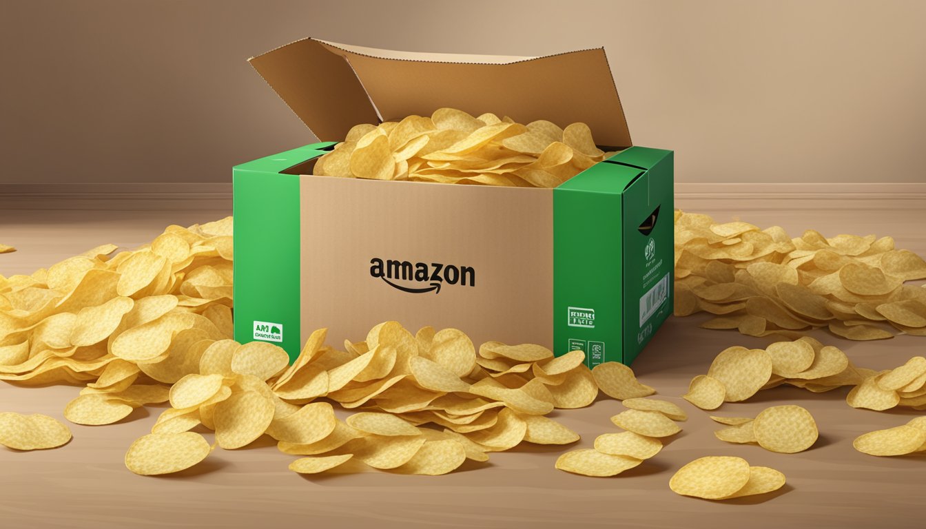 A pile of empty potato chip bags surrounds an open Amazon Fresh delivery box, with scattered chips on the floor