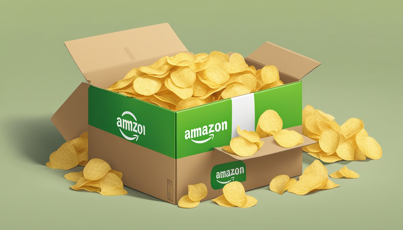 A pile of empty potato chip bags surrounds an open Amazon Fresh delivery box