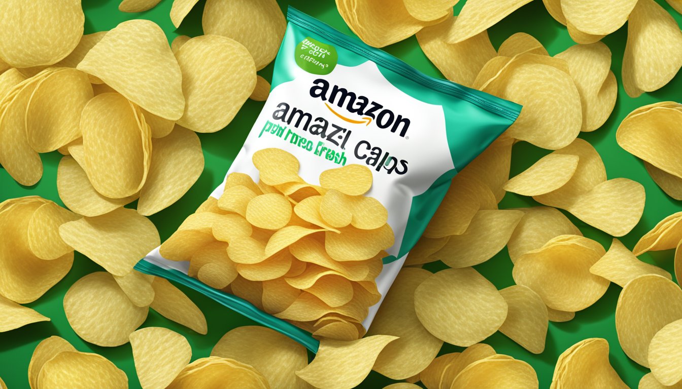 A pile of Amazon Fresh potato chips overflowing from a large, open bag