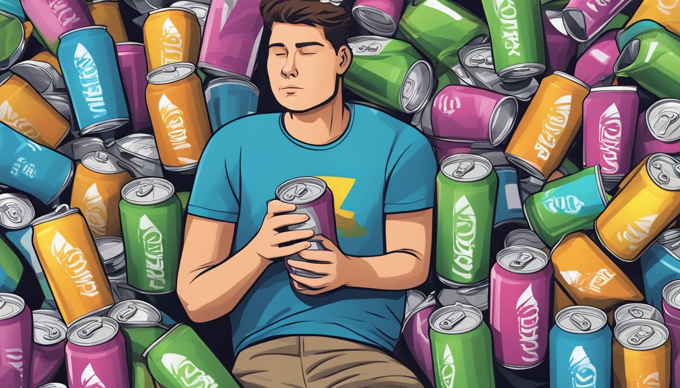 A person surrounded by empty joggy clean energy drink cans, looking fatigued and unwell