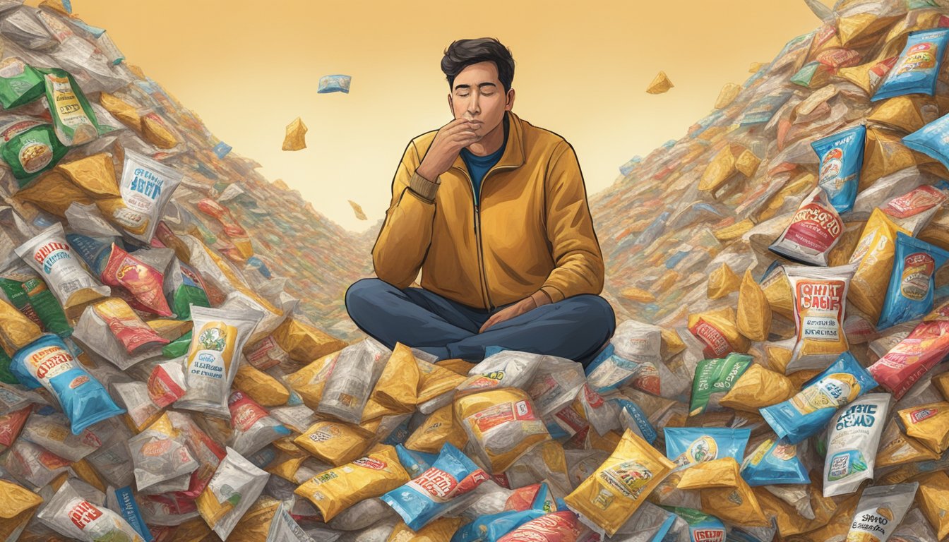 A mountain of empty potato chip bags towering over a person, surrounded by discarded chip packets and a sense of overindulgence