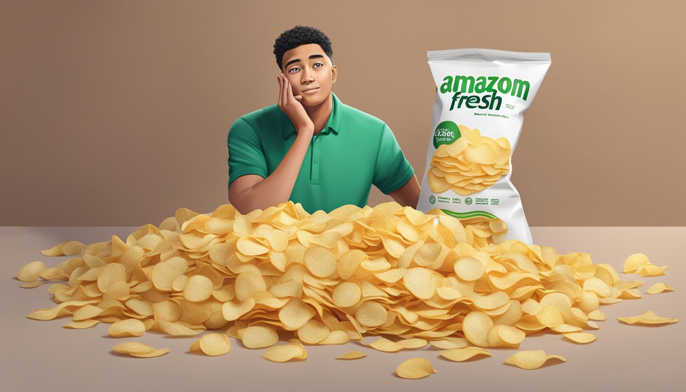 A large pile of Amazon Fresh potato chips spilling out of an open bag, surrounded by empty chip bags and a person looking overwhelmed by the amount