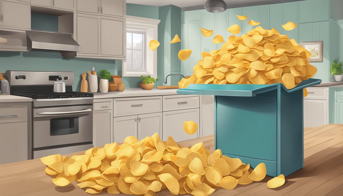 A pile of potato chip bags spilling out of an overflowing pantry, with an open bag on the counter and a hand reaching for more