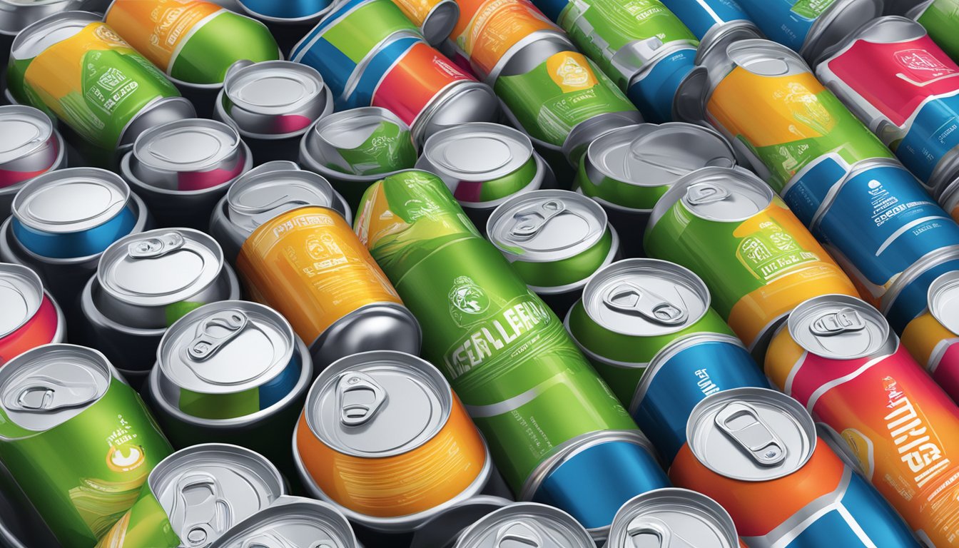 A table with various sizes of joggy clean energy drink cans stacked on top of each other, with a measuring cup next to them