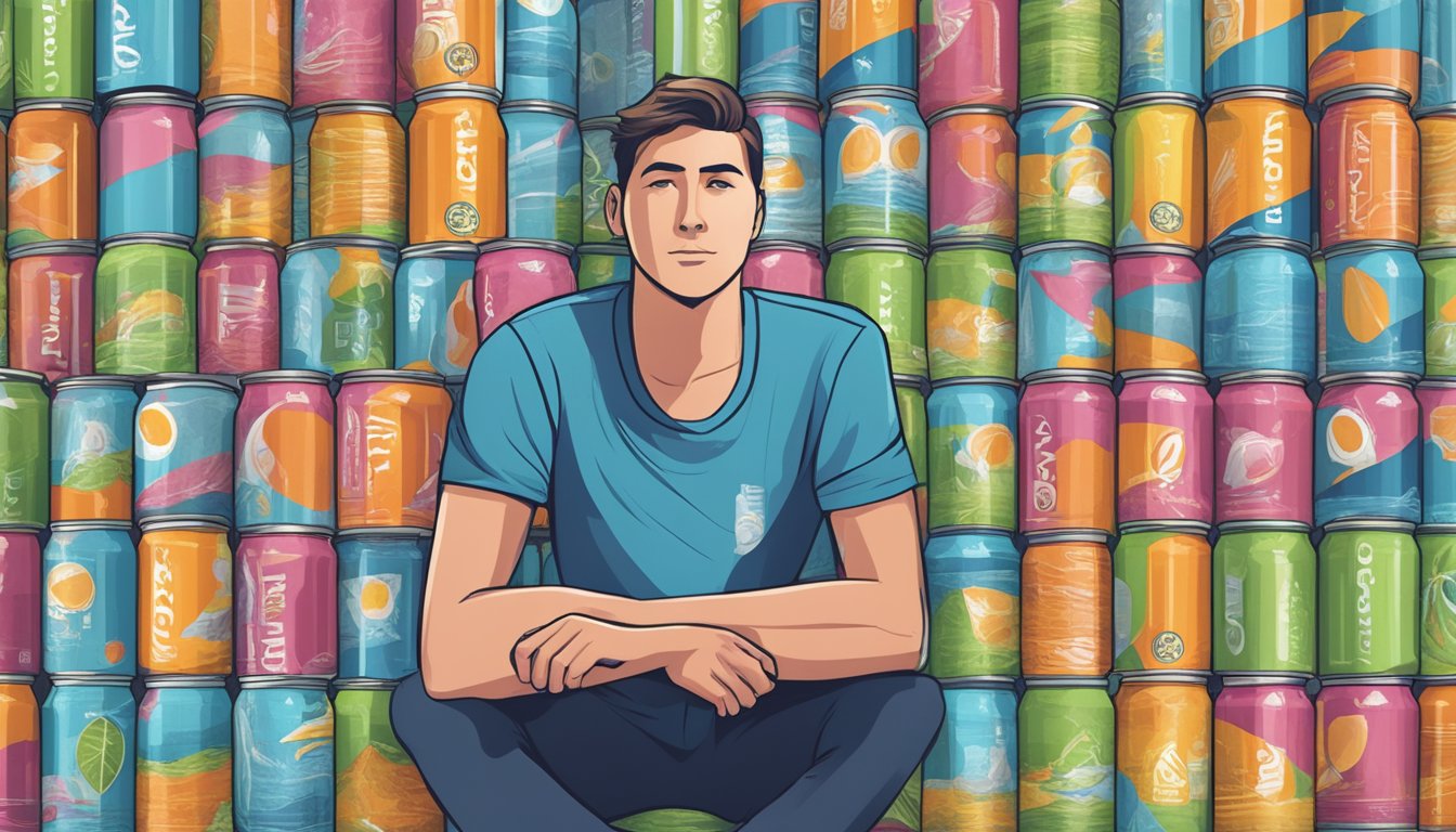 A person surrounded by empty cans of Joggy Clean Energy Drink, with a sense of fatigue and discomfort evident in their body language