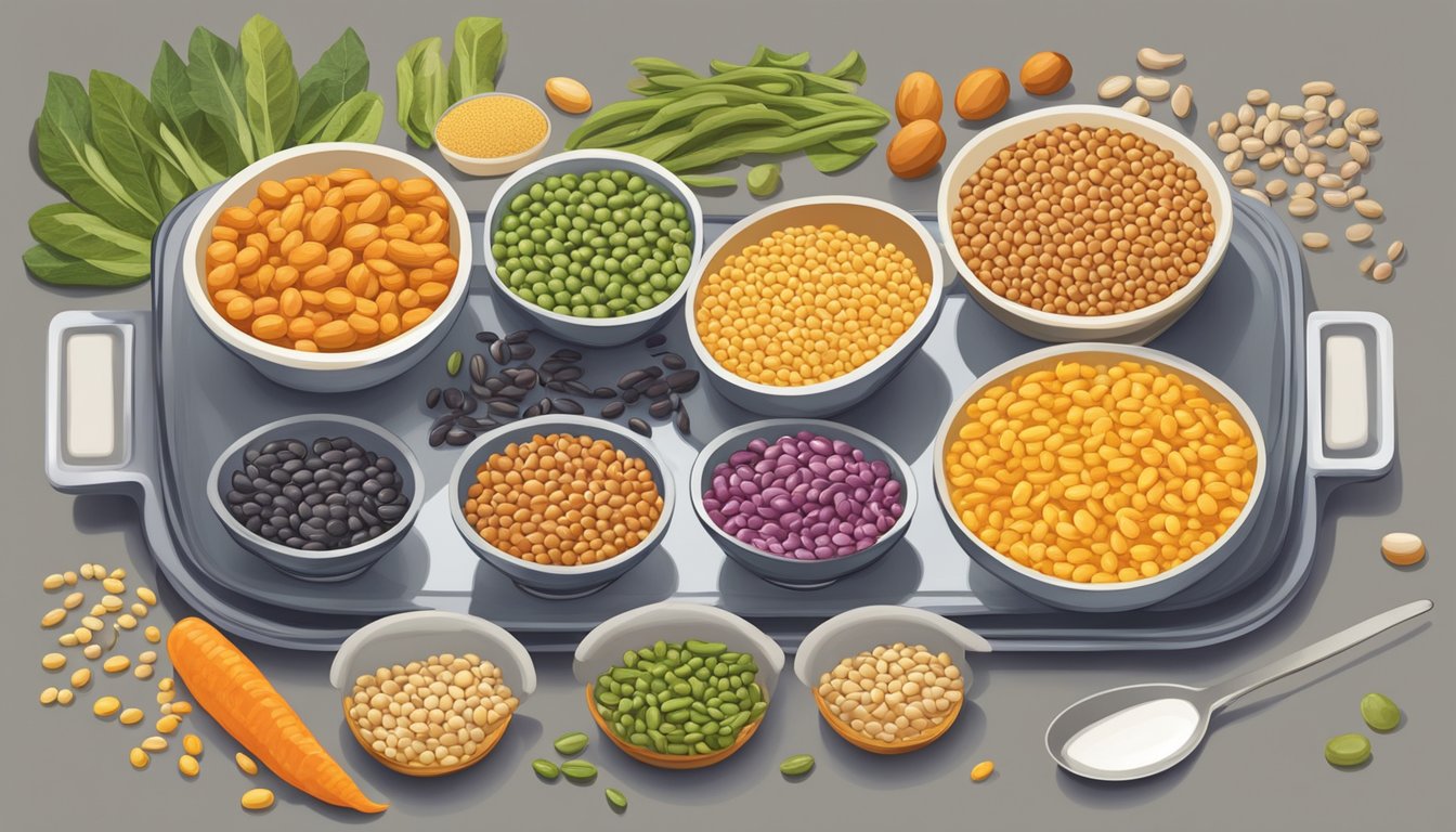 A colorful array of various legumes arranged in serving portions on a plate, with a measuring cup nearby to indicate the recommended weekly intake for optimal health