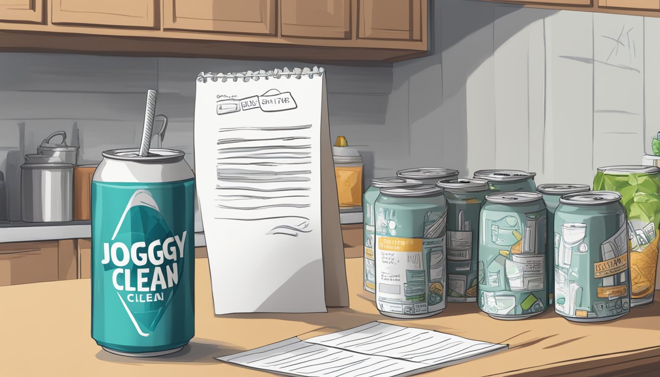 A cluttered kitchen counter with empty and full cans of Joggy Clean Energy Drink, a warning label, and a hand-written note asking about serving limits