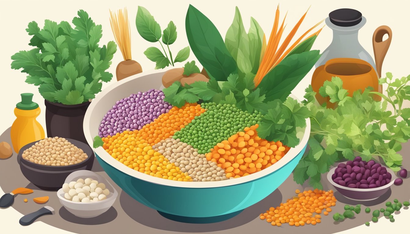 A colorful array of legumes arranged in a bowl, surrounded by various cooking tools and ingredients