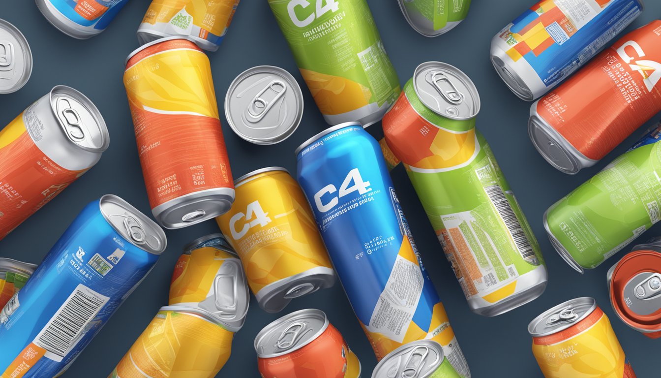 A table with multiple empty C4 energy drink cans stacked on top of each other, surrounded by scattered nutritional information labels