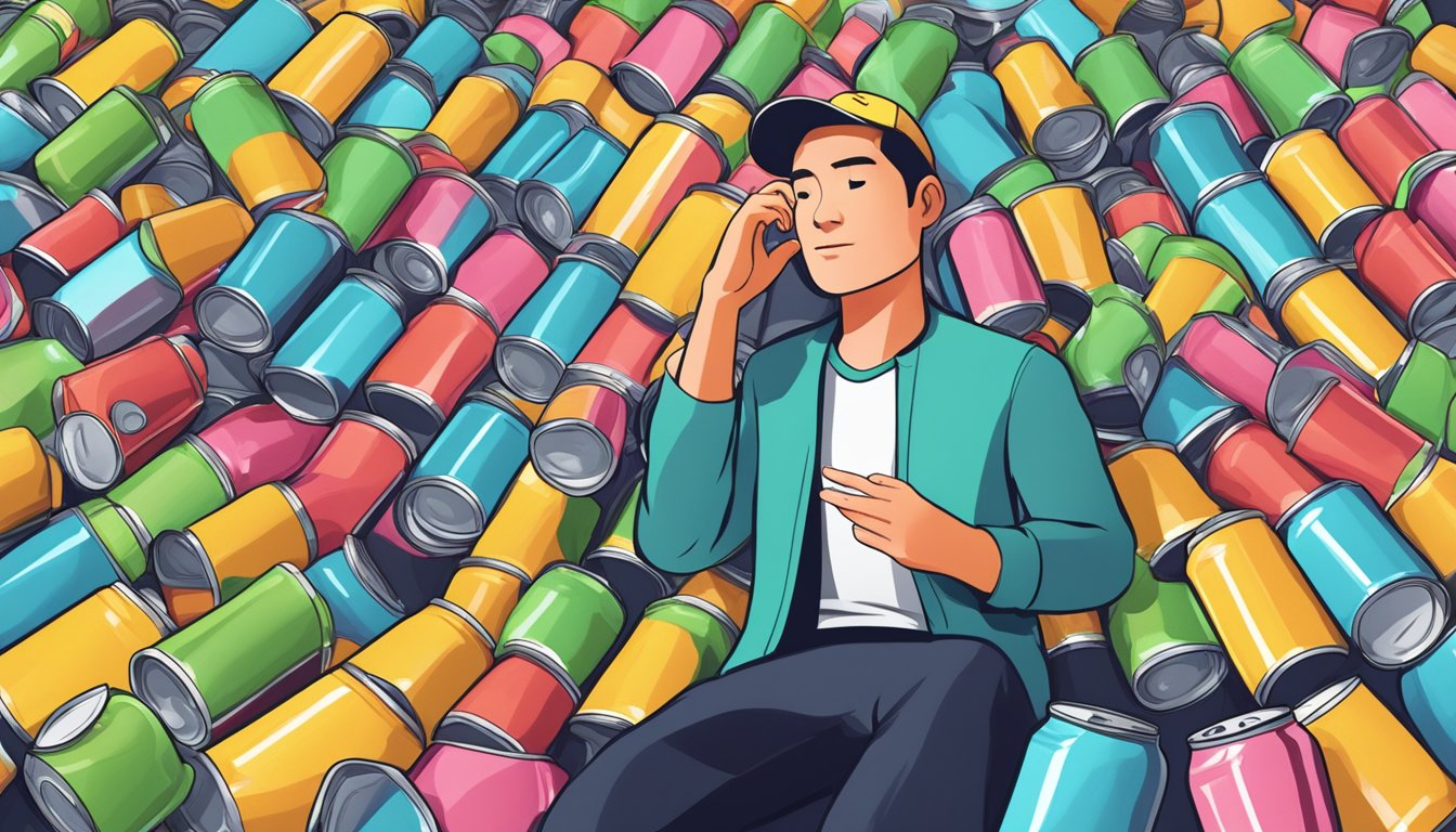 A person surrounded by empty cans of Joggy Clean Energy Drink, looking overwhelmed