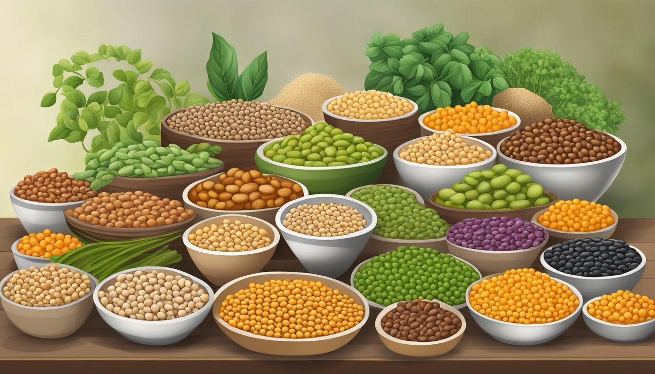 A colorful array of legumes arranged in a group, with a variety of beans, lentils, and chickpeas displayed in a sustainable and eco-friendly setting