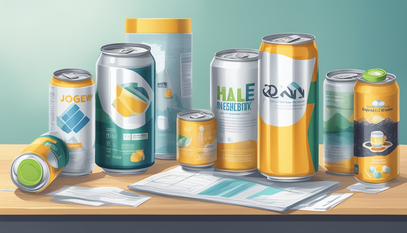 A table with multiple empty and half-full joggy clean energy drink cans, surrounded by scattered research papers and charts on serving sizes