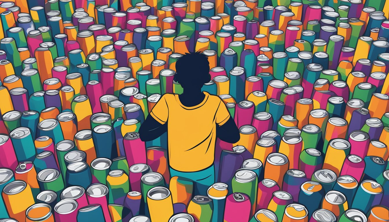 A person surrounded by empty C4 energy drink cans, looking overwhelmed