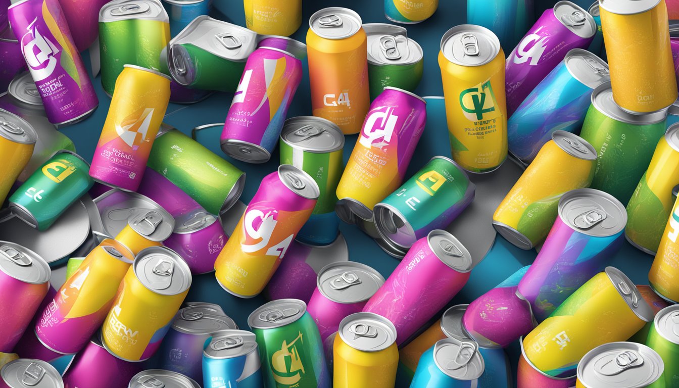 A table with multiple cans of C4 energy drink in various flavors and product variants