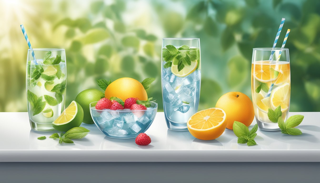 A table with multiple empty and half-empty glasses of Ardor sparkling water, surrounded by various fruits and herbs for flavoring