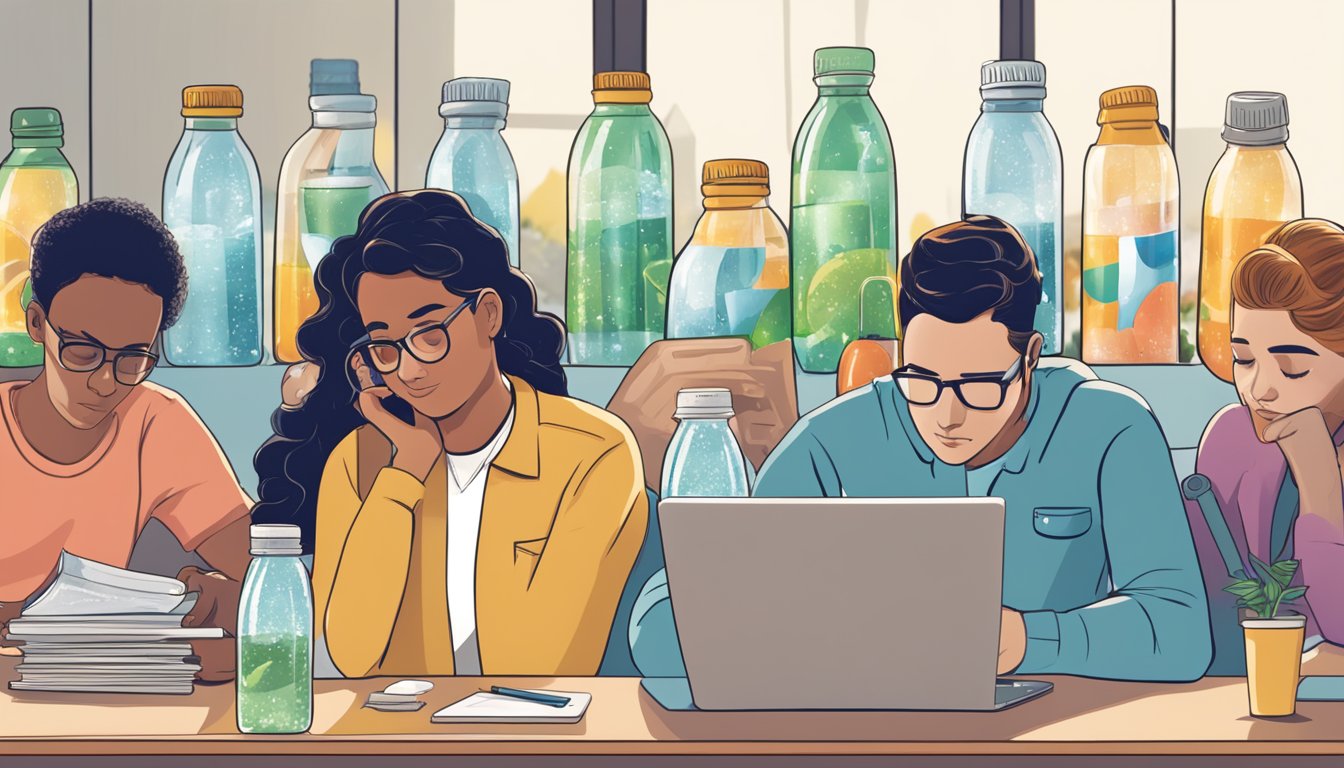 A crowded table with multiple empty Ardor sparkling water bottles and a concerned person checking a health website on their laptop