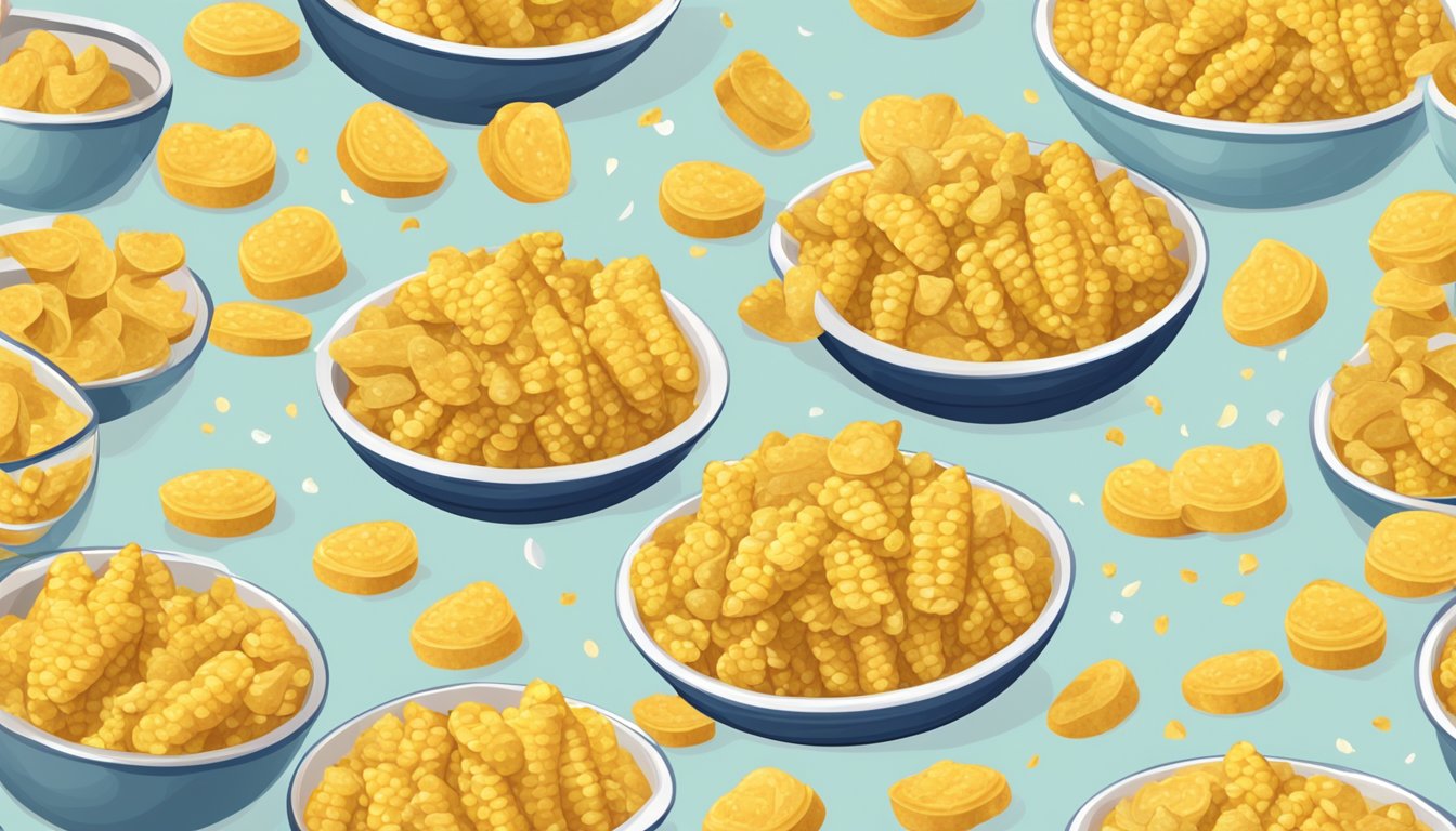 A pile of love corn snacks overflowing from a bowl, scattered on a table